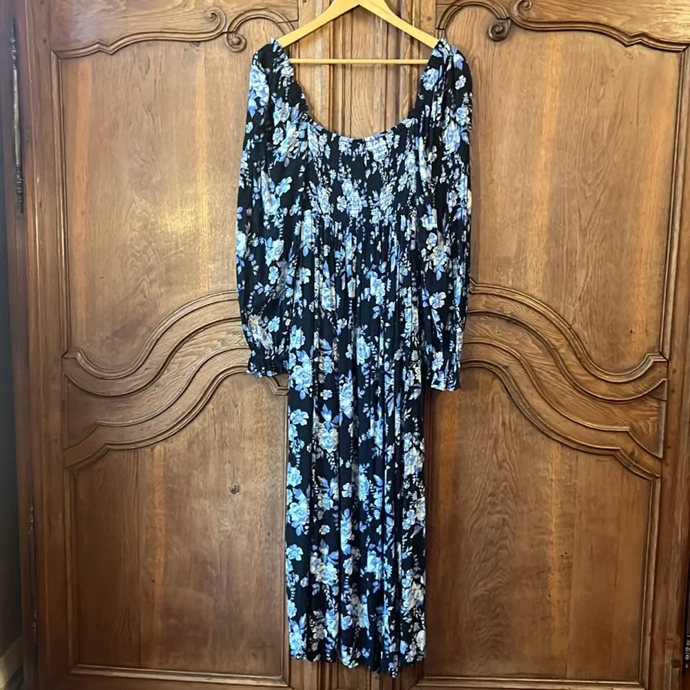 NEW Free People Jaymes Floral Print Square Neck Long Sleeves Midi Dress